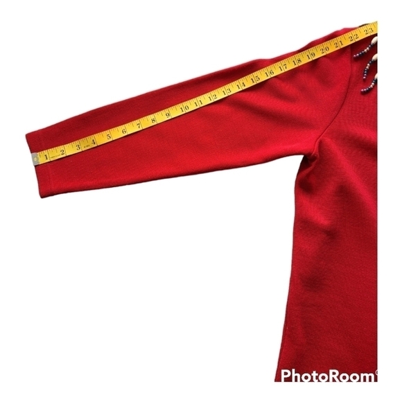 DL Mckelvey sweater red wool pullover faux pearl detail indian style size L - Picture 15 of 15